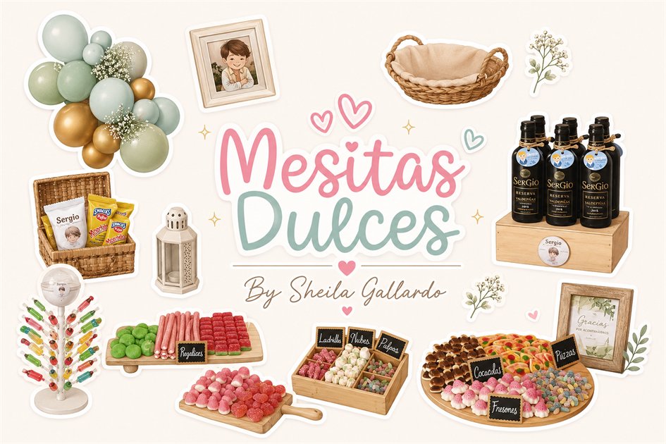 Collage de estilo Mesitas Dulces con globos, chuches y decoración