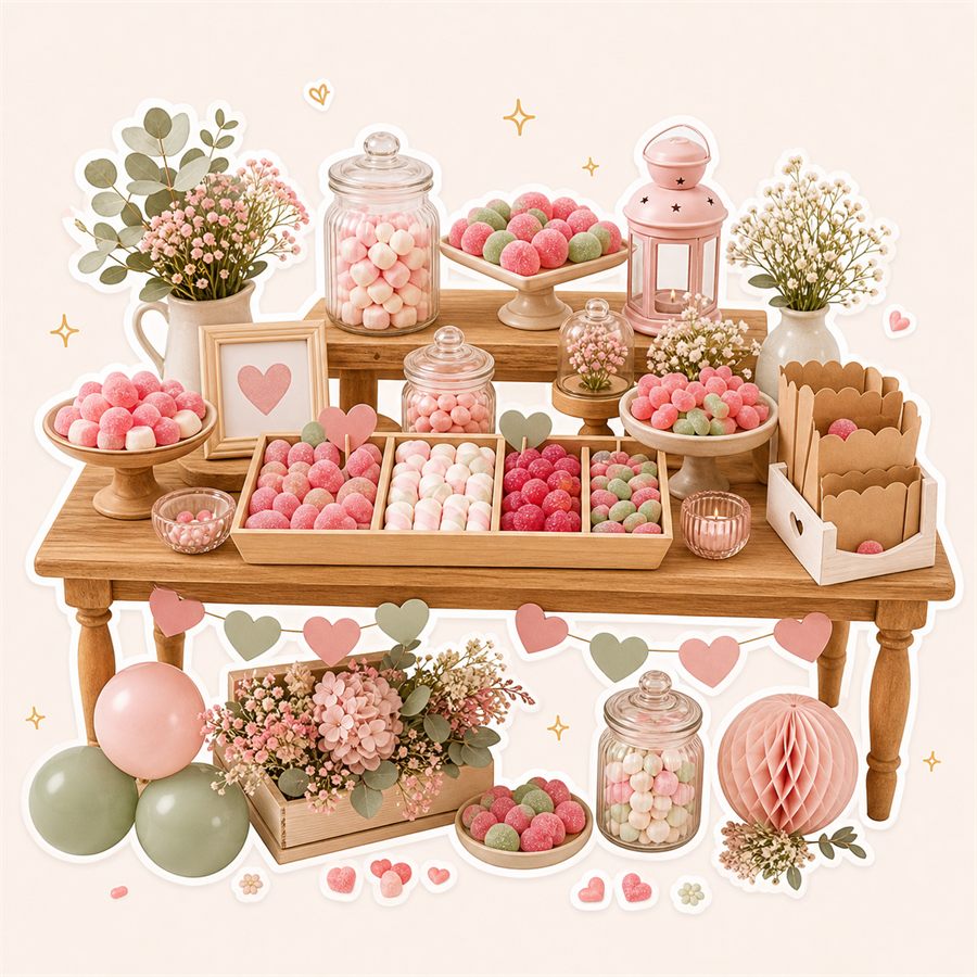 Mesa dulce personalizada con chuches, bandejas y decoración pastel